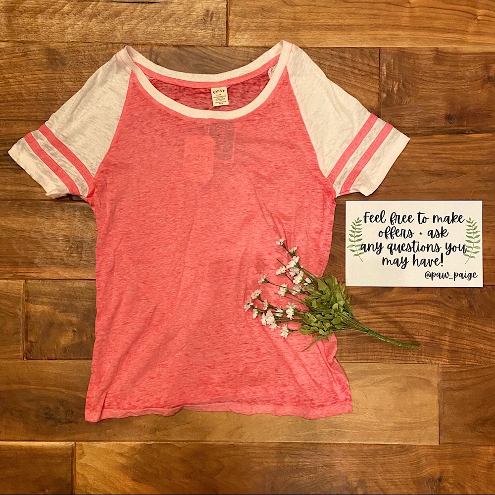 Pink and White T-Shirt with Striped Sleeves